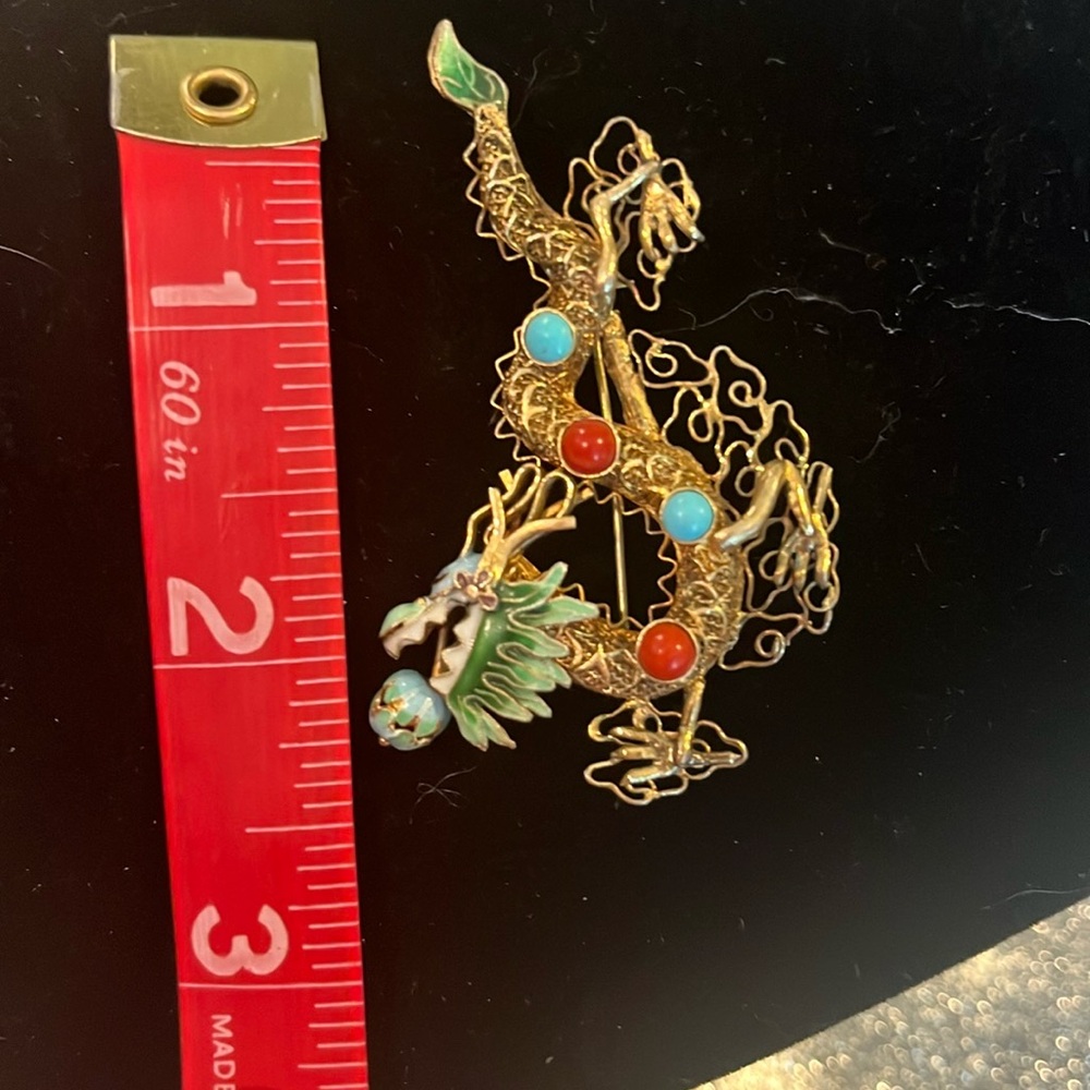 Vtg. Chinese Export Sterling Vermeil Enamel Bearded Dragon Brooch Pin